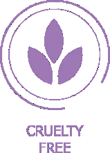 Cruelty Free logo with purple leaves inside a circular border